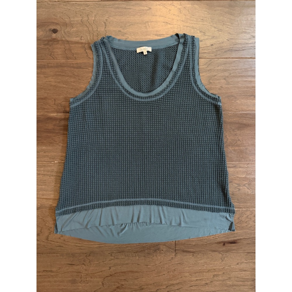 La Miel Womens Waffle Knit Mixed Media Scoop Neck Tank Top Teal Blue Small